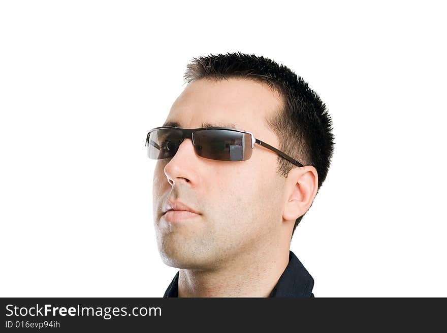 Man wearing sunglesses on white