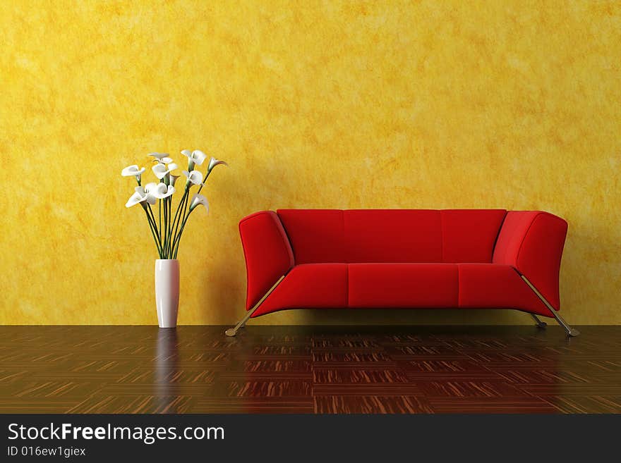 Modern red sofa with cala-lily render.