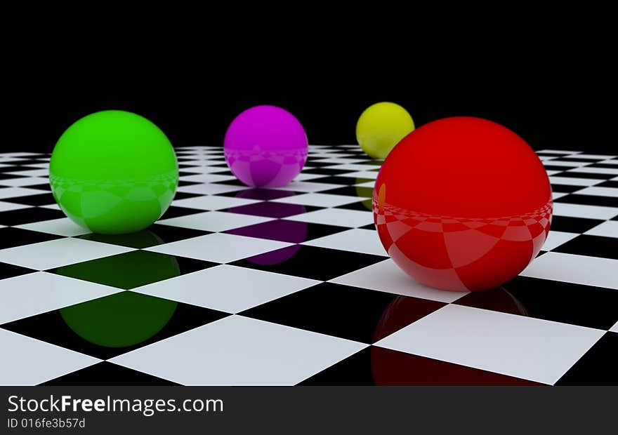 3d checker plane with shiny plastic balls