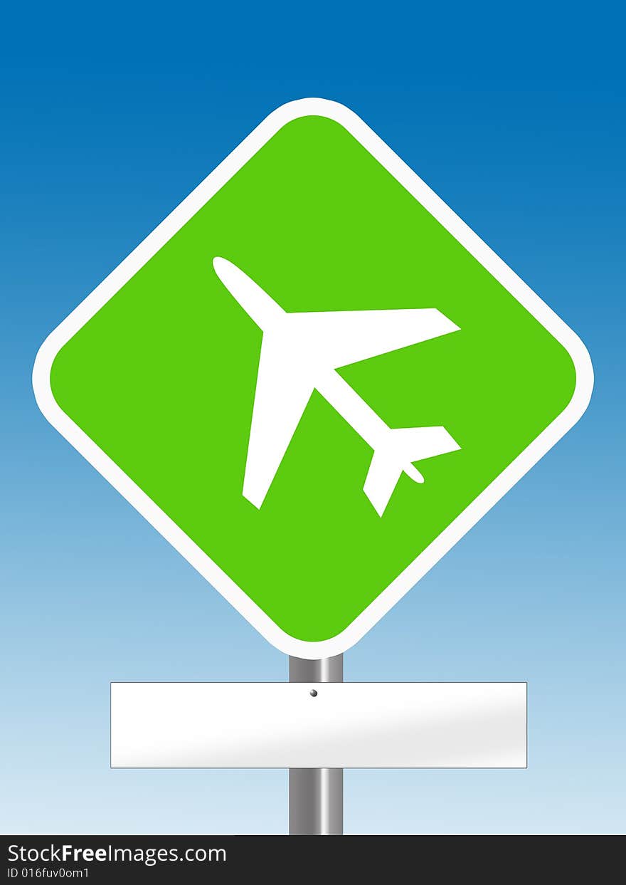 Aeroplane sign with blank board under it in blue background