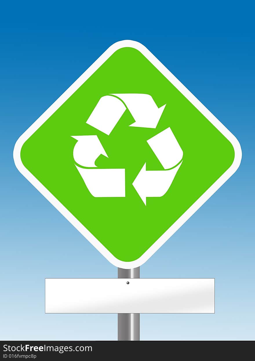 Recycle area  sign with blank board under it in blue background. Recycle area  sign with blank board under it in blue background