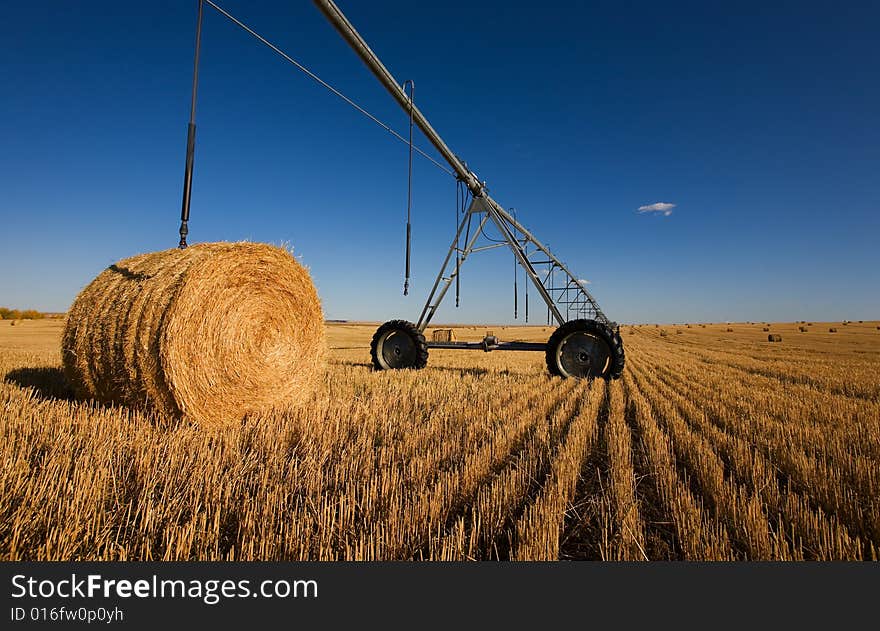 A harvested wheat field with a pivot and bales