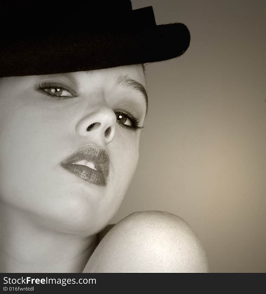 Classic Image of a Glamour model in Bowler hat. Classic Image of a Glamour model in Bowler hat