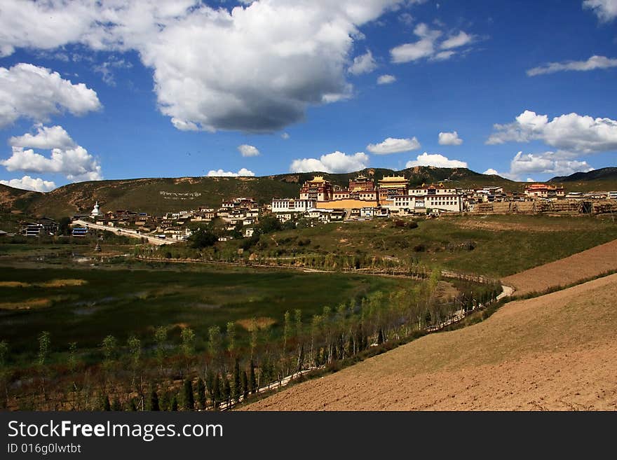 View from Songzanlin Monastery near Zhongdian, China, the largest Tibetan Buddhist monastery in Yunnan province. View from Songzanlin Monastery near Zhongdian, China, the largest Tibetan Buddhist monastery in Yunnan province.