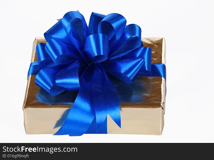 Gold present with blue ribbons and bow