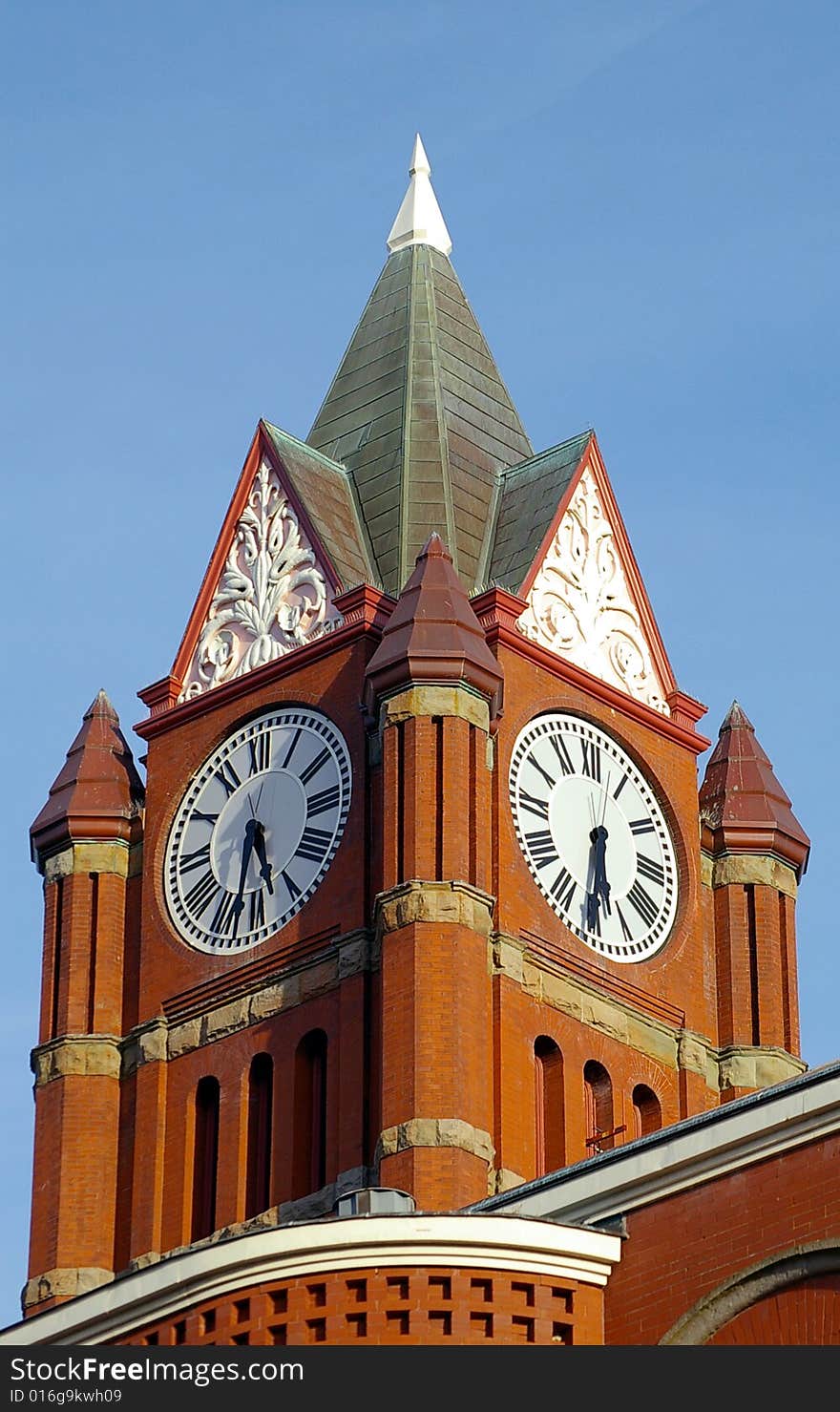 Historic clock tower which sets atop a city government building in Port Townsend, Washington