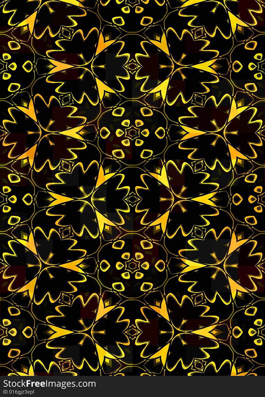 Repeating yellow flower shapes on black background. Repeating yellow flower shapes on black background