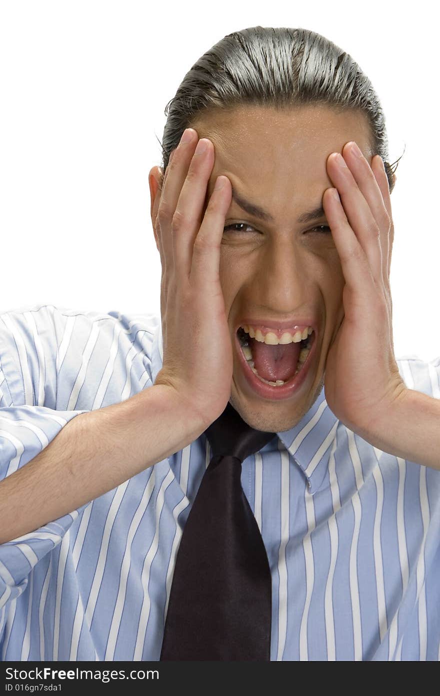 Close up view of happy man holding his face with hands