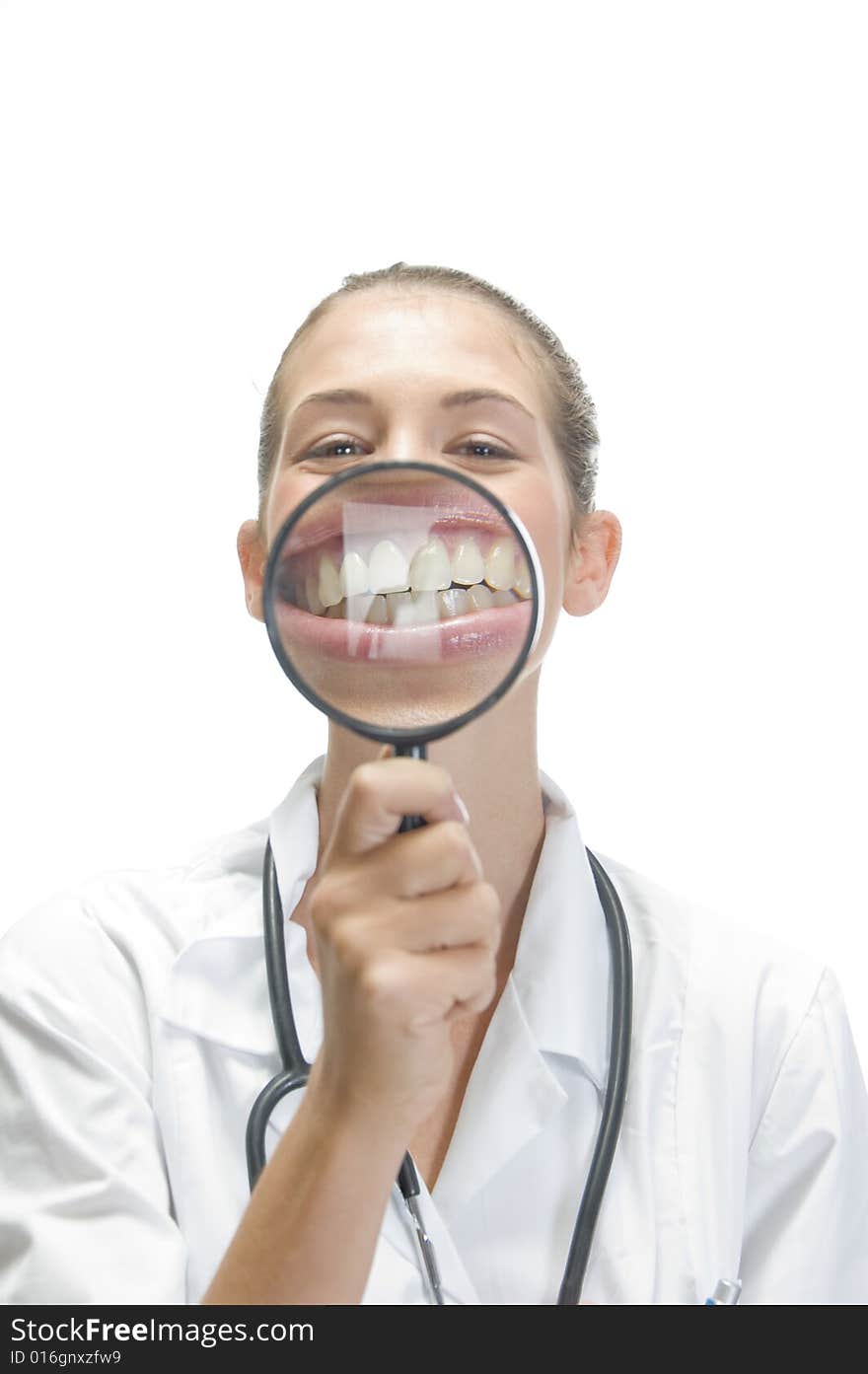 A lady doctor with magnifier teeth