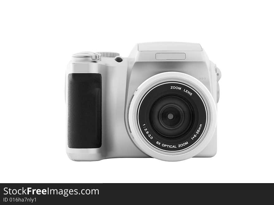 Typical compact zoom digital camera isolated on white