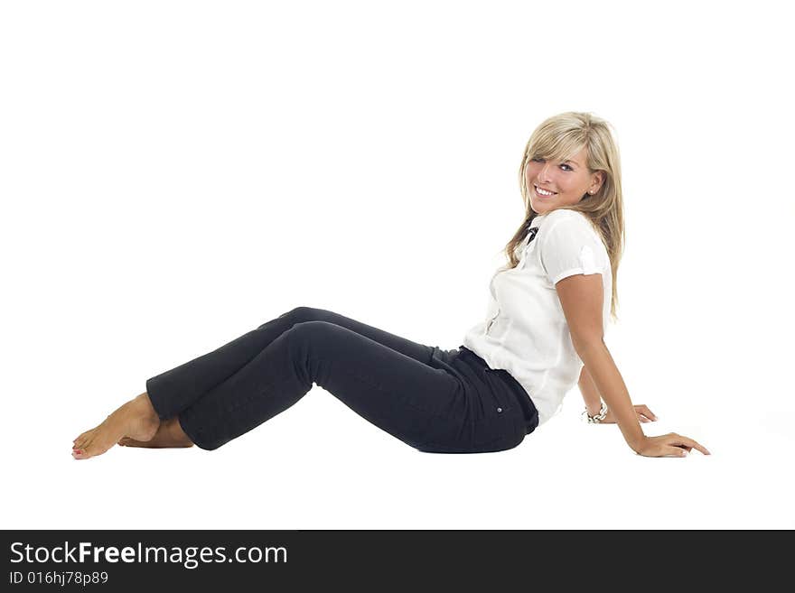 Blonde girl posing isolated on white background