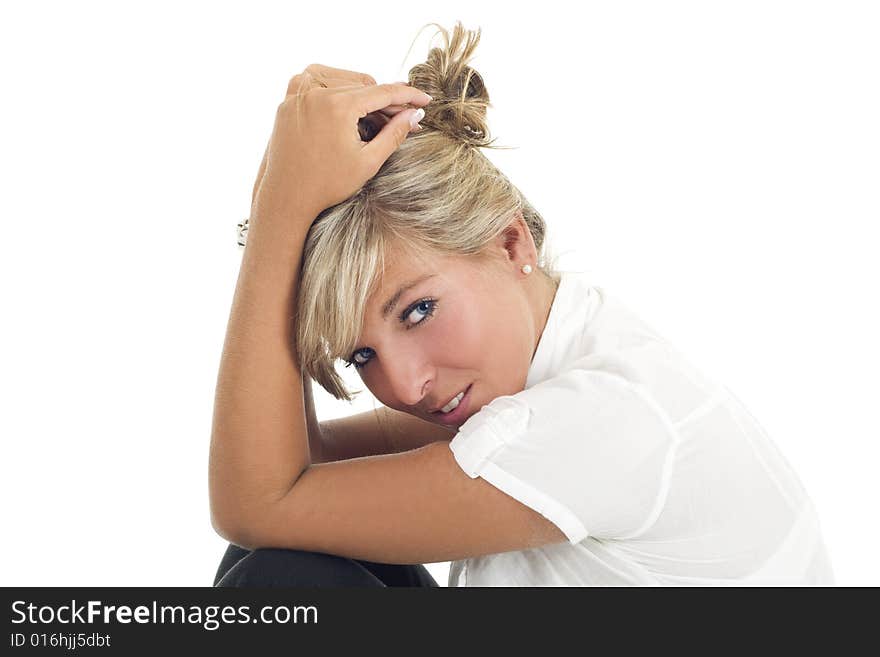 Blonde girl portrait isolated on white background