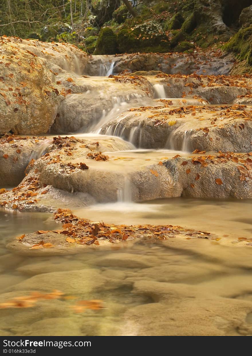 Autumn scenic water stream in the forest. Autumn scenic water stream in the forest