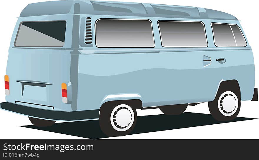 A back view of a light blue volkswagen van. A back view of a light blue volkswagen van