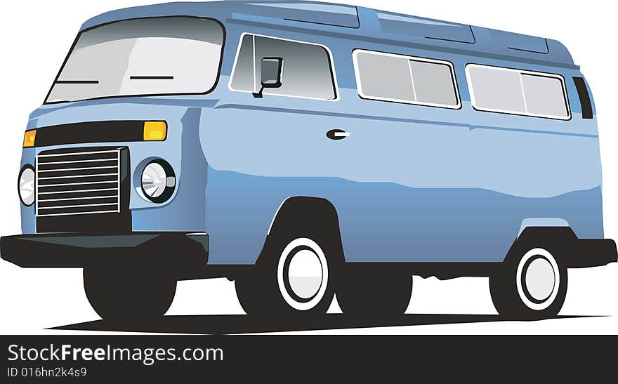 A three quarter view of a blue 1980's volkswagen van. A three quarter view of a blue 1980's volkswagen van