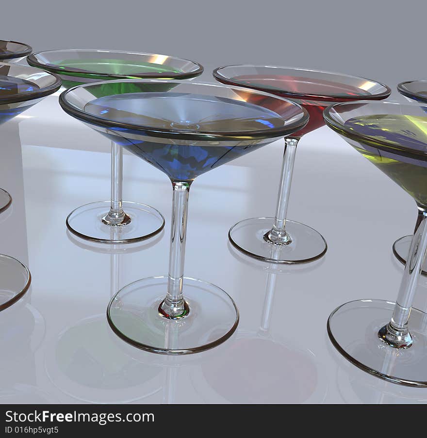 3D render of Martini Glasses in a Row