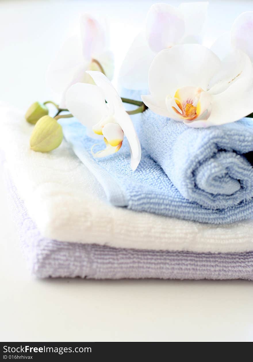 Close up of towels with white orchid. Close up of towels with white orchid