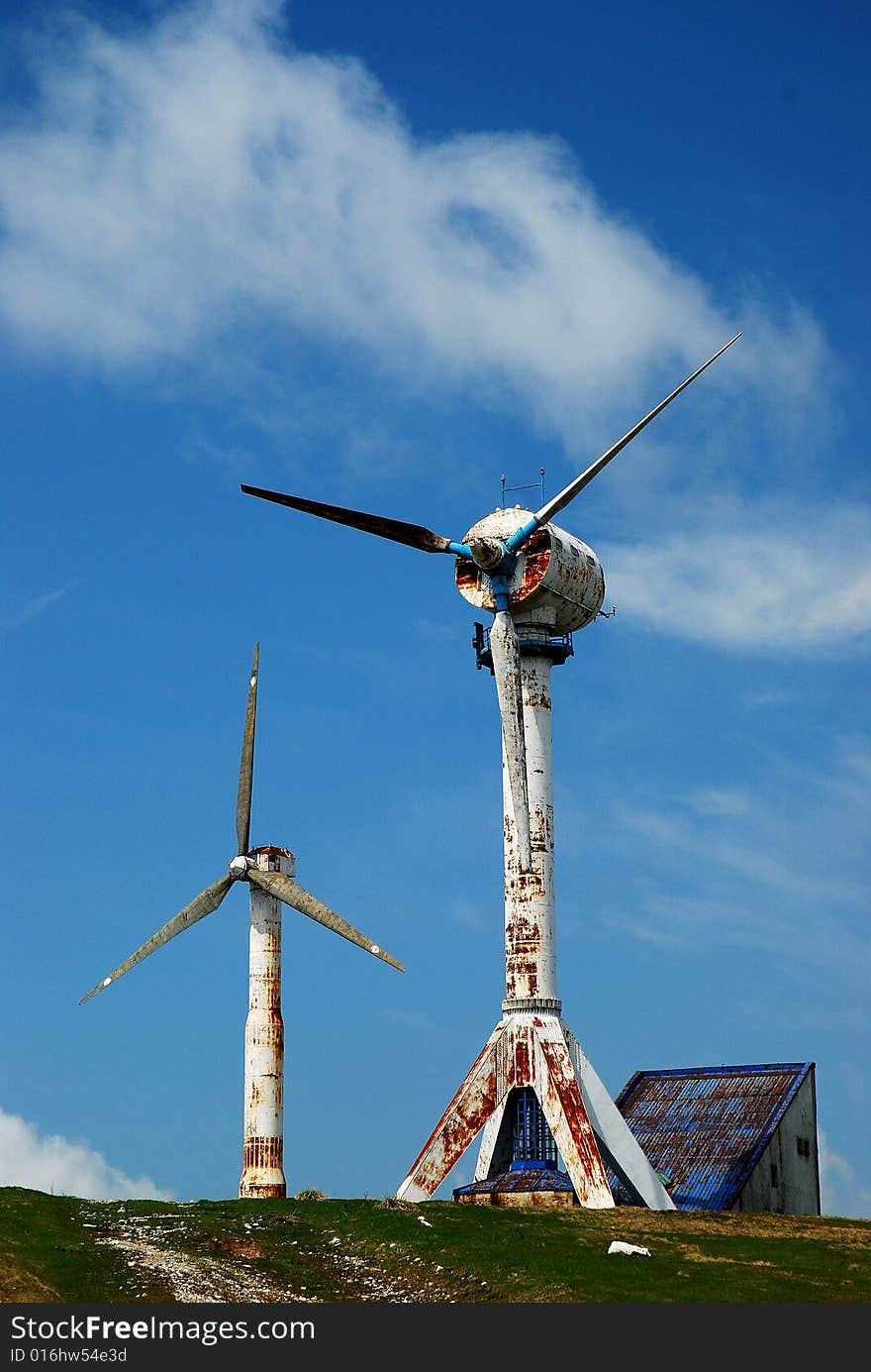 Old wind turbines in Semenic,Romania