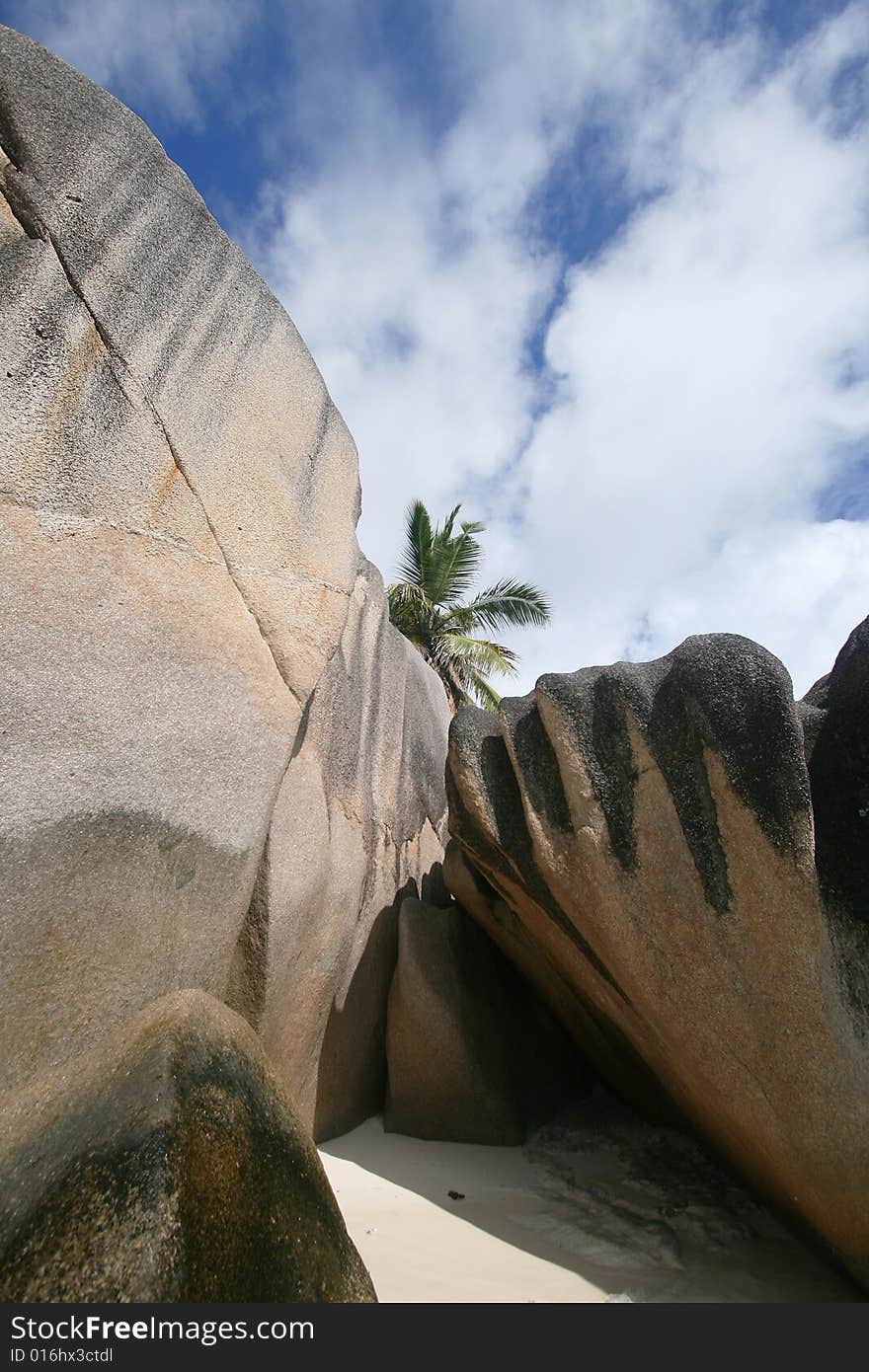 Granite rock formation on the beach in the Seychelles