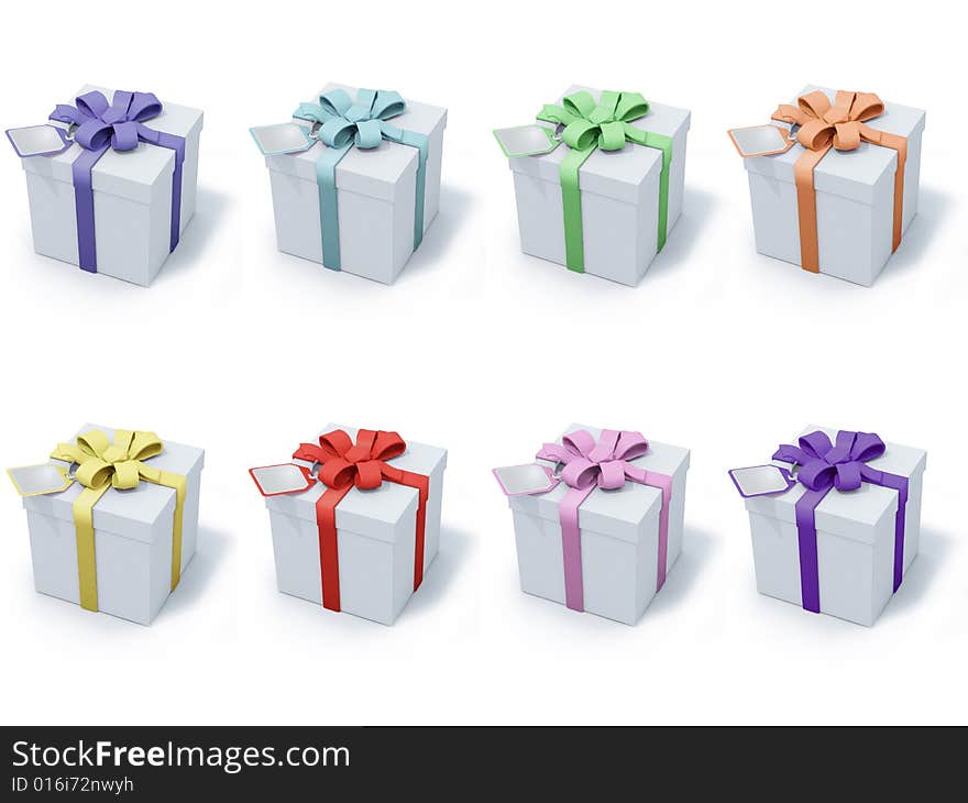 Four present boxes with different colors ribbons and labels on white background. Four present boxes with different colors ribbons and labels on white background