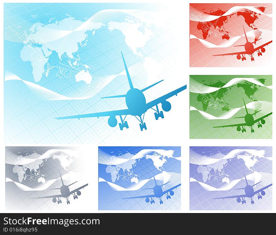 Airplane on world map bacground, illustration, AI file included. Airplane on world map bacground, illustration, AI file included