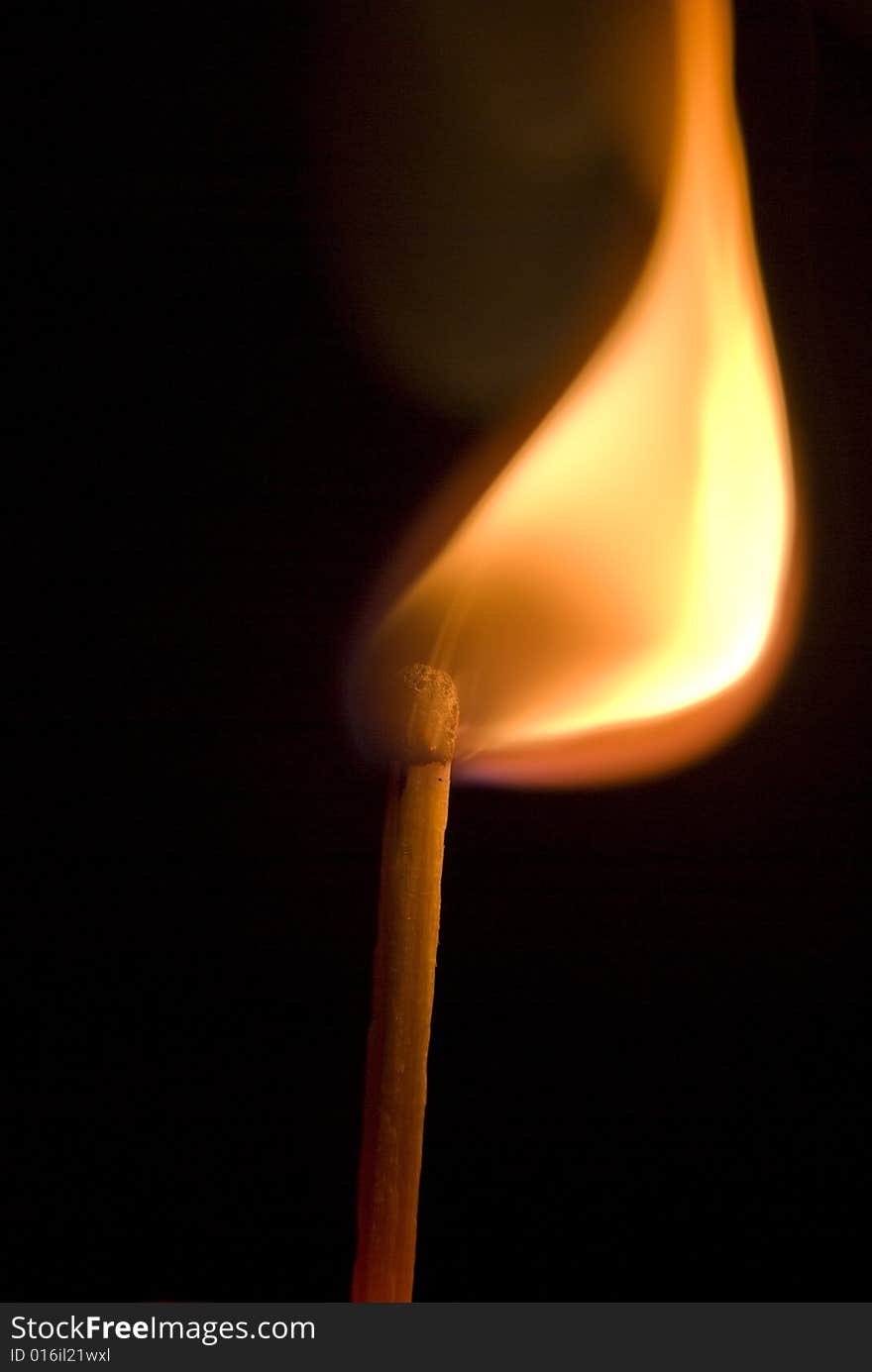 Burning match on the black background, nice flame