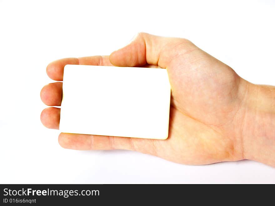 Man hand holding a blank business card