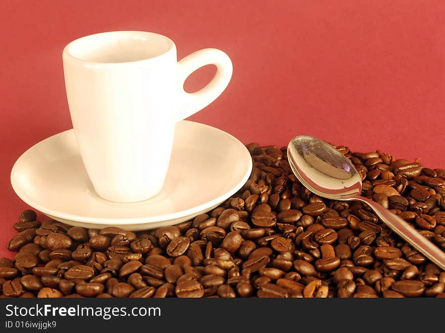 A studio shot series related to coffee - roasted beans with various cups and different backgrounds