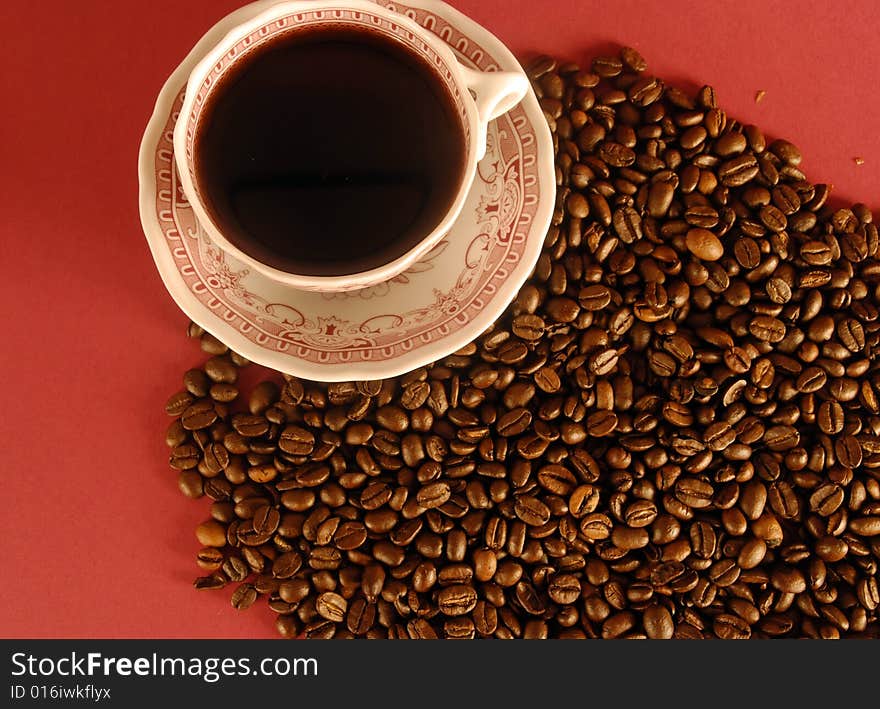 A studio shot series related to coffee - roasted beans with various cups and different backgrounds