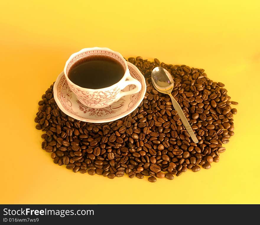 A studio shot series related to coffee - roasted beans with various cups and different backgrounds