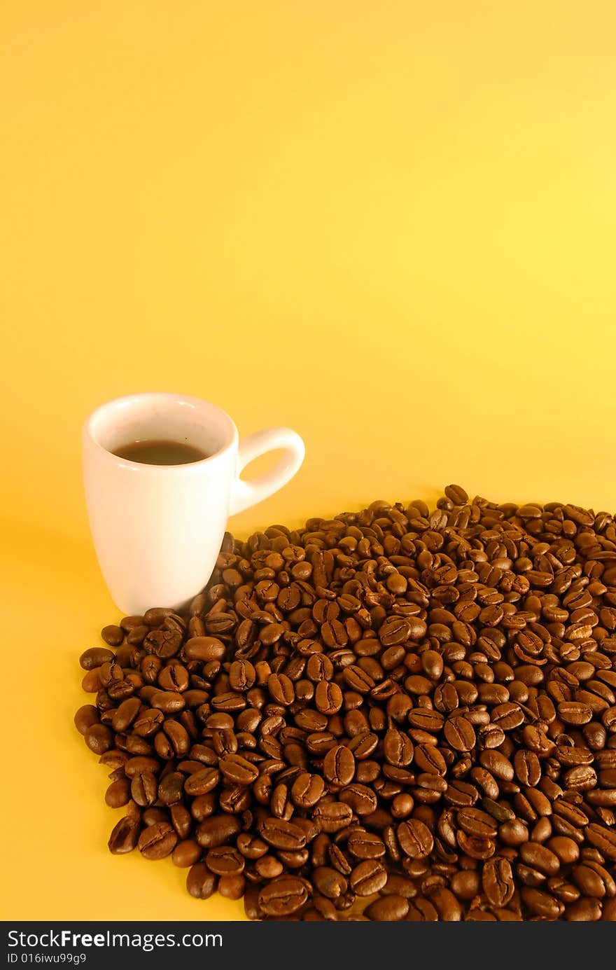 A studio shot series related to coffee - roasted beans with various cups and different backgrounds