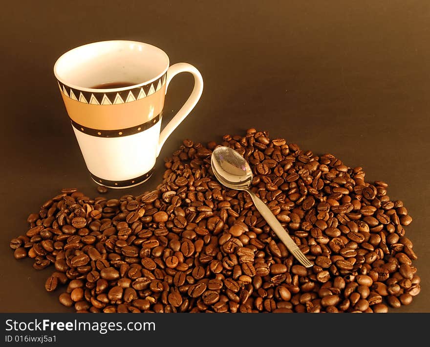 A studio shot series related to coffee - roasted beans with various cups and different backgrounds