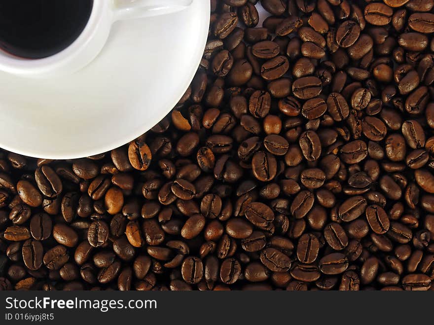 A studio shot series related to coffee - roasted beans with various cups and different backgrounds