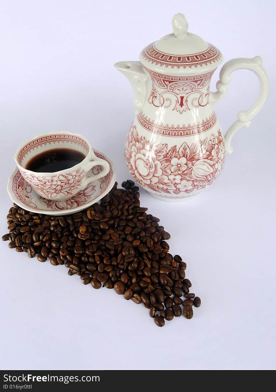 A studio shot series related to coffee - roasted beans with various cups and different backgrounds