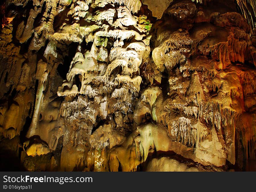 Stalagmites in stone cave Resavska in Serbia