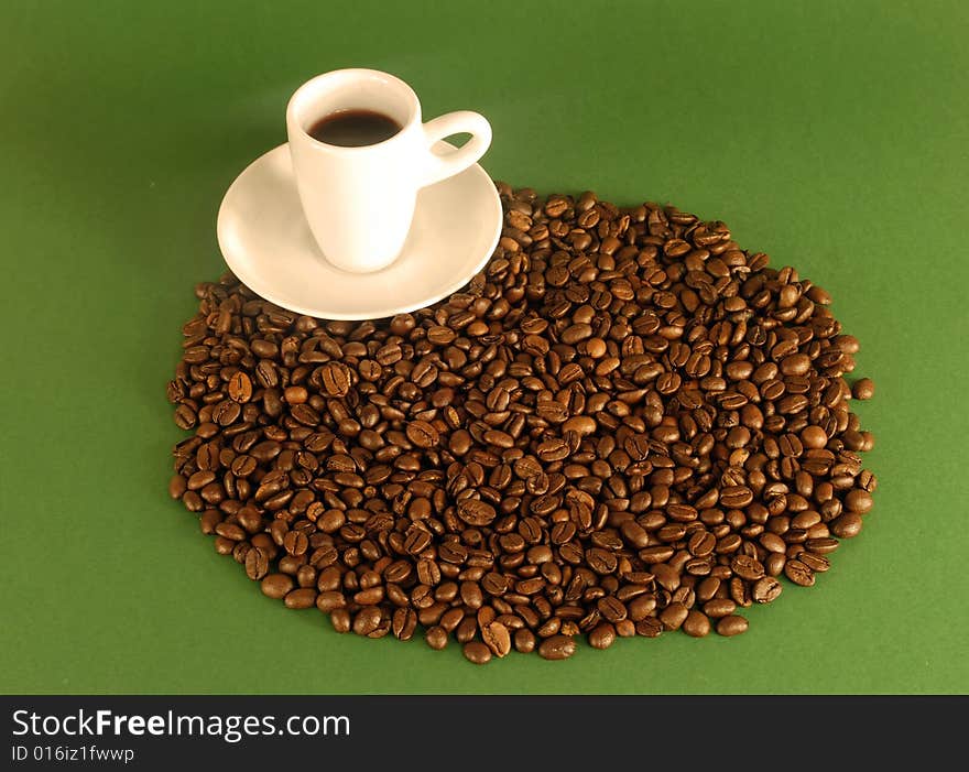 A studio shot series related to coffee - roasted beans with various cups and different backgrounds