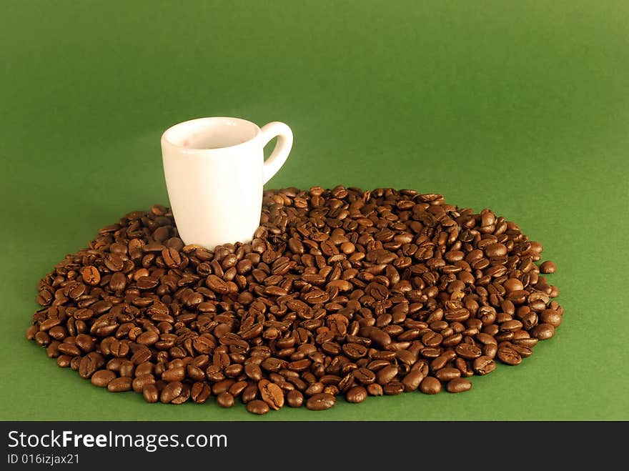 A studio shot series related to coffee - roasted beans with various cups and different backgrounds