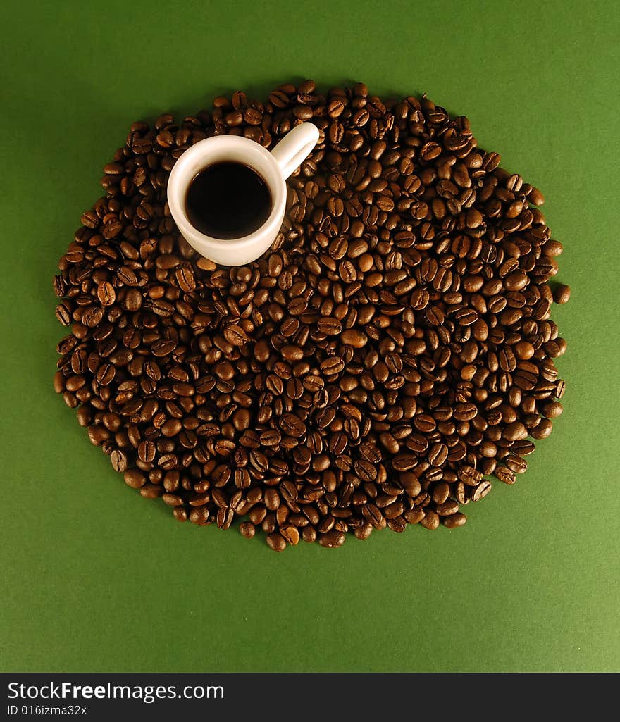 A studio shot series related to coffee - roasted beans with various cups and different backgrounds