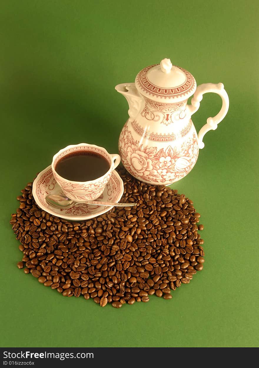 A studio shot series related to coffee - roasted beans with various cups and different backgrounds