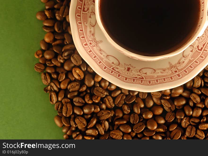 A studio shot series related to coffee - roasted beans with various cups and different backgrounds