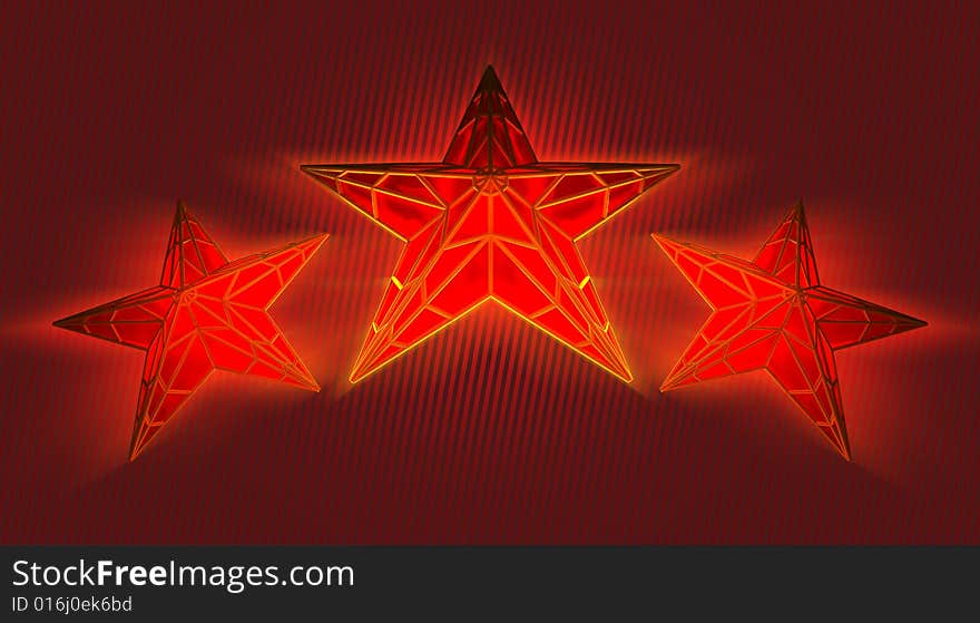 Three red glass stars in a gold fringing