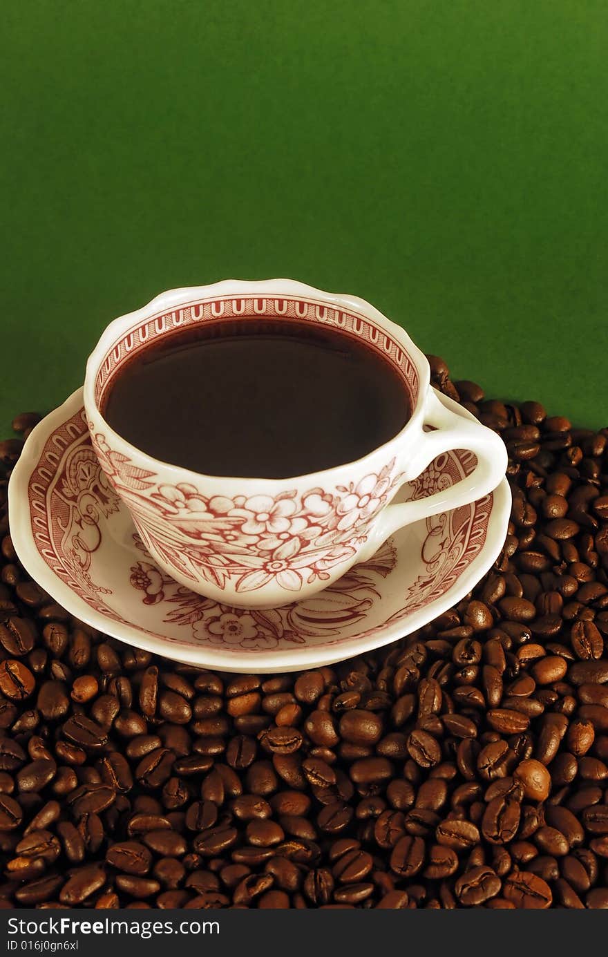 A studio shot series related to coffee - roasted beans with various cups and different backgrounds