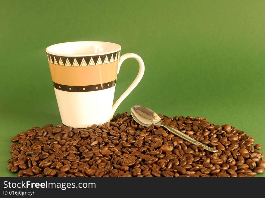 A studio shot series related to coffee - roasted beans with various cups and different backgrounds