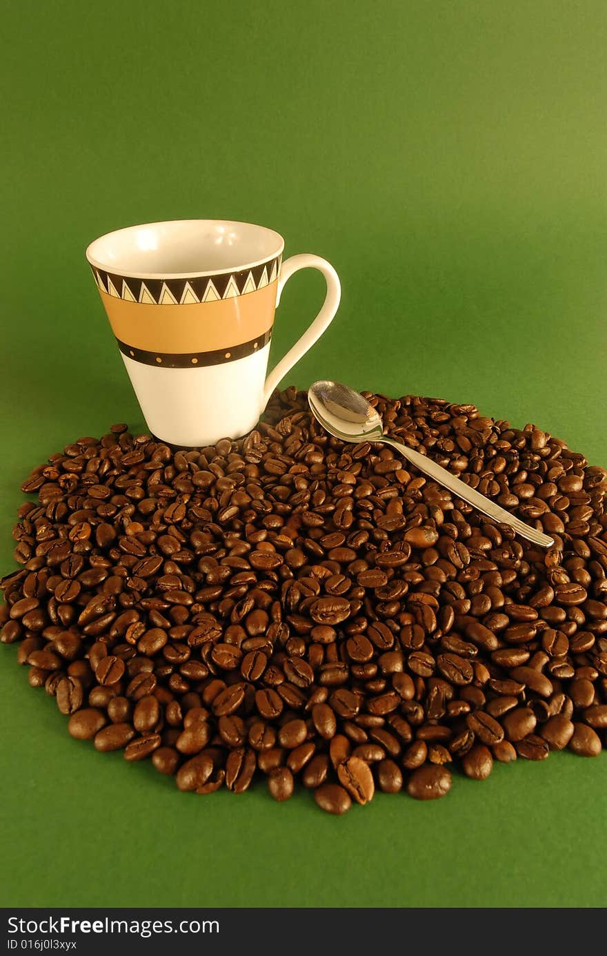 A studio shot series related to coffee - roasted beans with various cups and different backgrounds