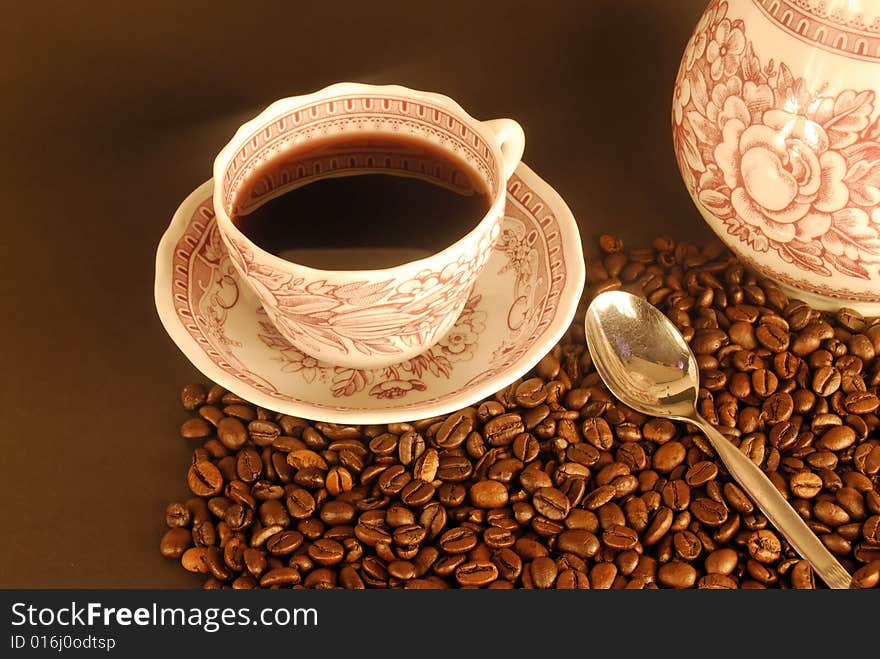 A studio shot series related to coffee - roasted beans with various cups and different backgrounds