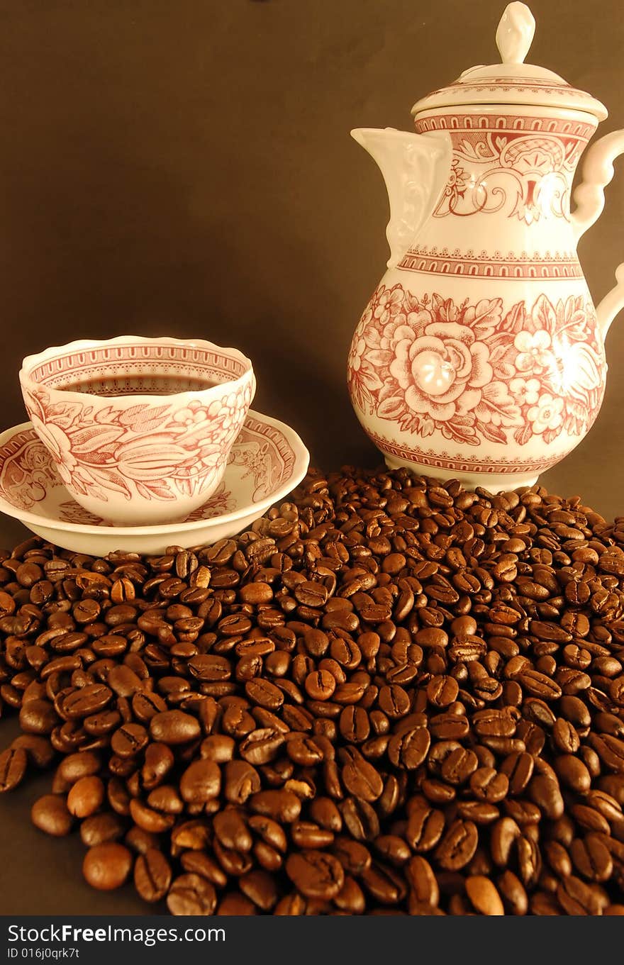 A studio shot series related to coffee - roasted beans with various cups and different backgrounds