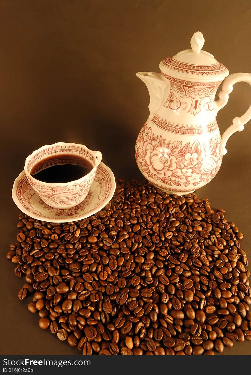 A studio shot series related to coffee - roasted beans with various cups and different backgrounds