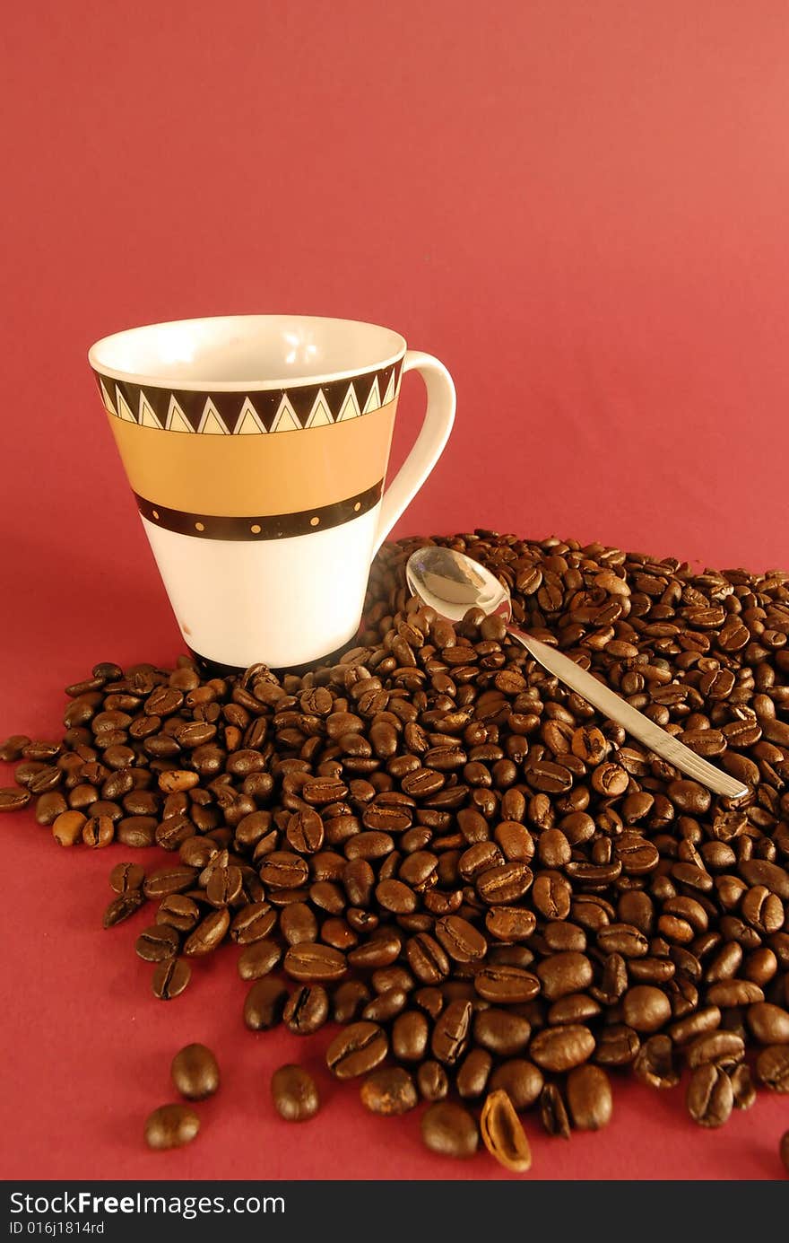 A studio shot series related to coffee - roasted beans with various cups and different backgrounds