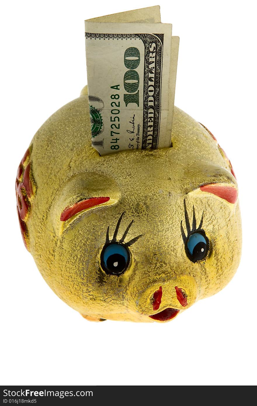 Golden piggy bank with 100 dollar