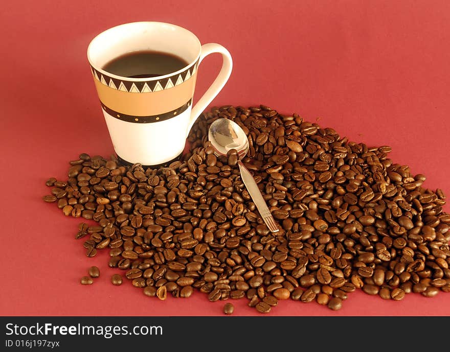 A studio shot series related to coffee - roasted beans with various cups and different backgrounds